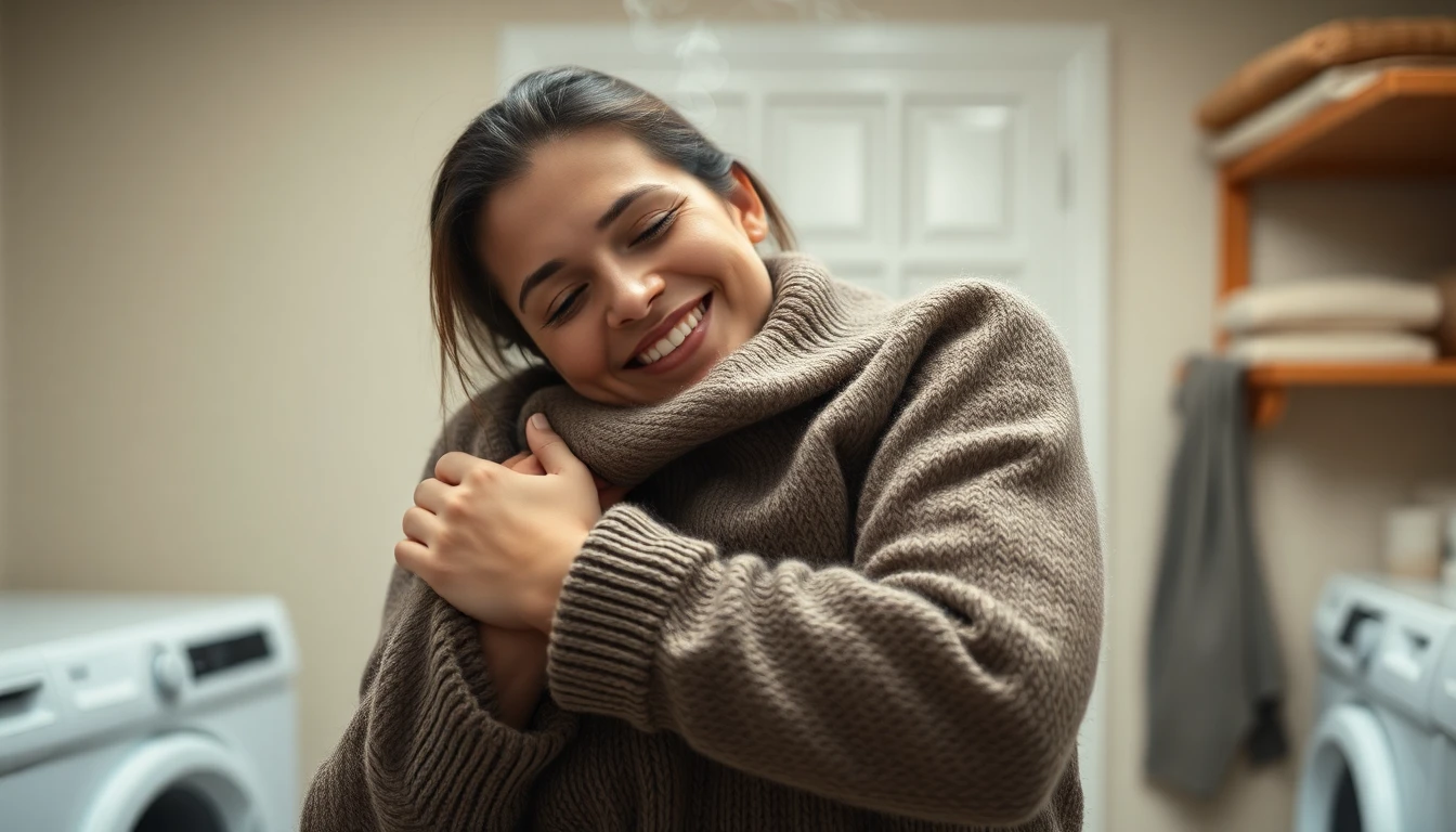 Hugging a warm sweater from the dryer